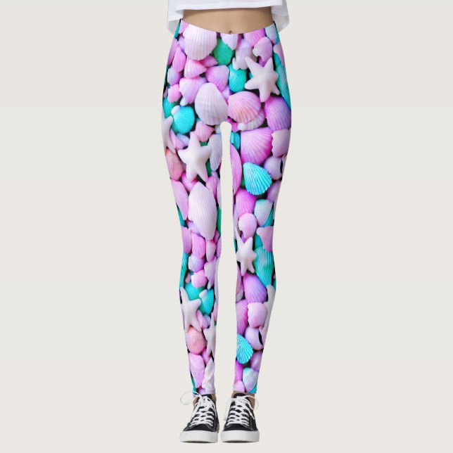 Pastel snäckors strand stjärnfiskblått lila leggings (Framsida)