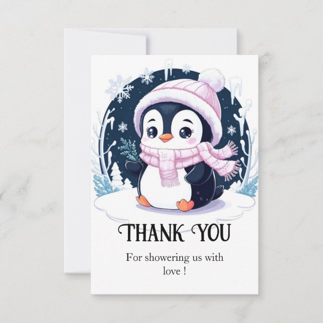 Pastel Snö Penguin Baby Shower Tack Kort (Framsida)