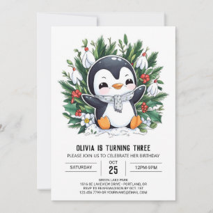 Pastel Snö Penguin Digital Birthday Inbjudningar