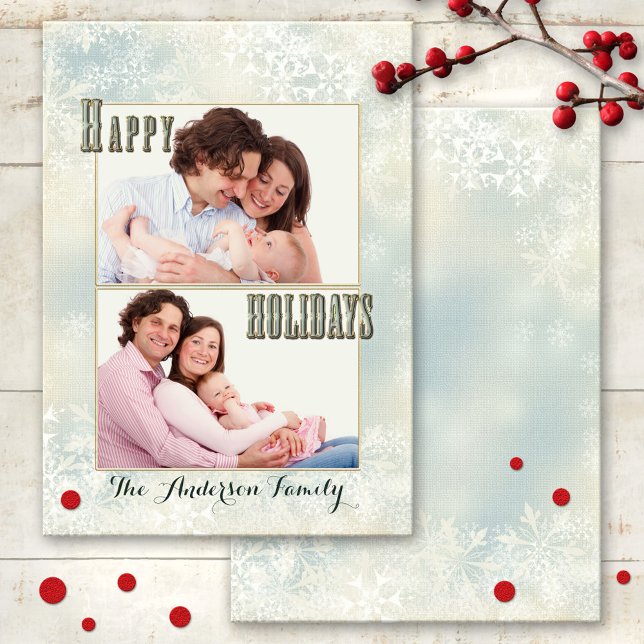 Pastel Snöflingor Photo Helgdagars Card Julkort (An elegant Christmas Holidays card featuring your own favorite photos framed by pastel snowflakes)