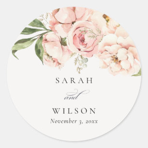 Pastel Soft  Peach Peony Blommigt Bröllop Runt Klistermärke
