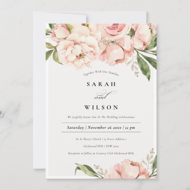 Pastel Soft  Peach Peony Flora bröllopsinbjudan Tack Kort (Framsida)