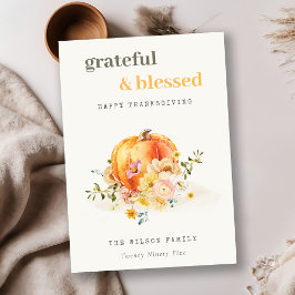 Pastel Soft Watercolor Blommigt Pumpkin-Thanksgivi Julkort
