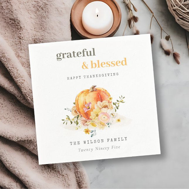 Pastel Soft Watercolor Blommigt Pumpkin-Thanksgivi Pappersservett (Skapare uppladdad)