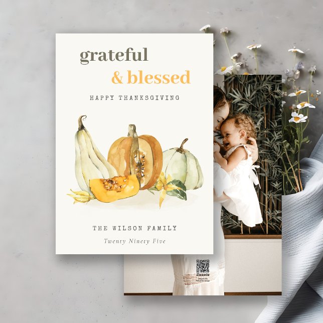 Pastel Soft Watercolor Photo Pumpkin-Thanksgiving Julkort (Skapare uppladdad)