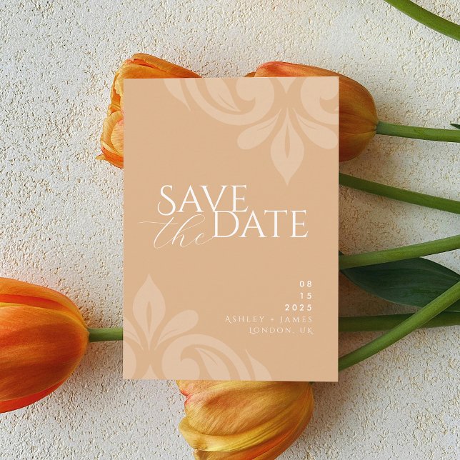 Pastel Sol Classic Script Damask Photo Bröllop Spara Datumet (Skapare uppladdad)