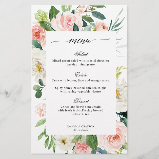 Pastel  Söt Blommigt Botanical Bröllop Menu (Framsida)