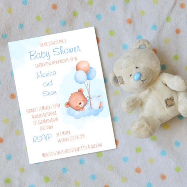 Pastel söt nalle med ballonger babydusch inbjudningar (Skapare uppladdad)