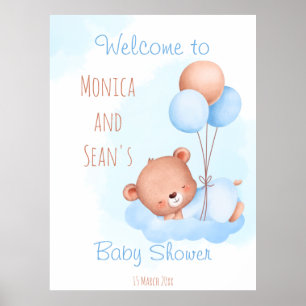 Pastel söt nalle med ballonger babydusch poster