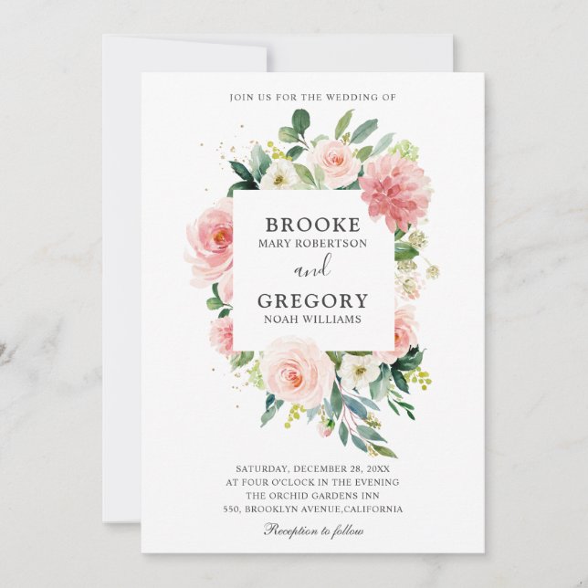Pastel  Söt Rosa Blommigt Botaniskt Bröllop Inbjudningar (Framsida)