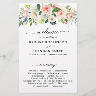 Pastel  Söt Rosa Botaniskt Bröllopsprogram