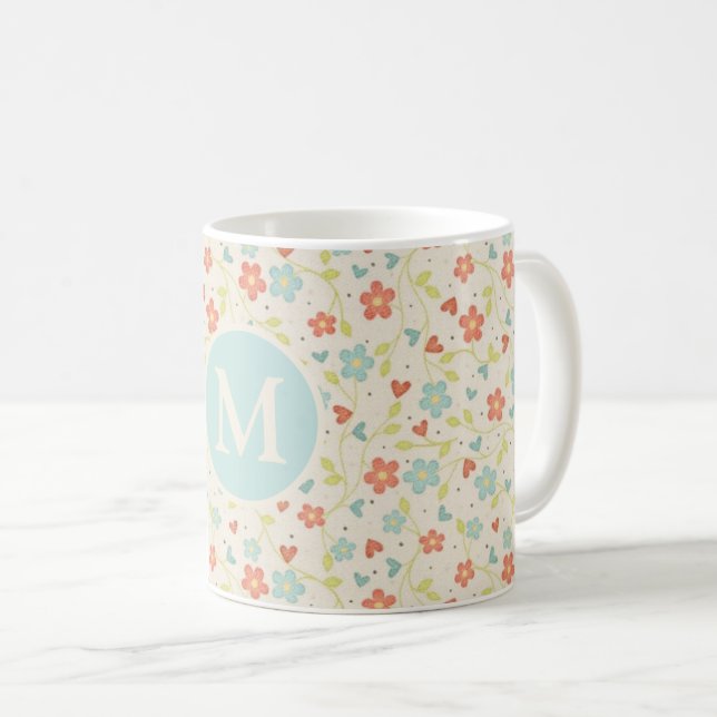 Pastel Söt Vår Blommönster Monogram Kaffemugg (Framsida höger)