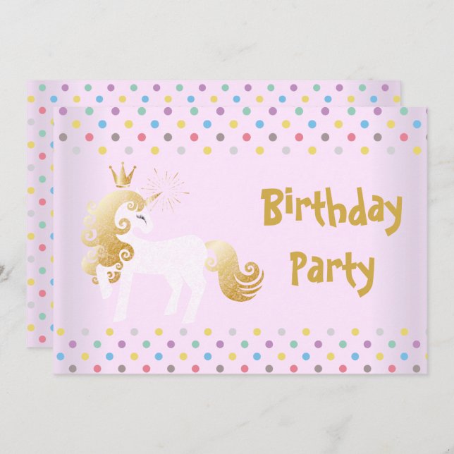 PASTEL SPOT ROSA WHITE UNICORN FÖDELSEDAGSFEST INBJUDNINGAR (Fram/baksida)