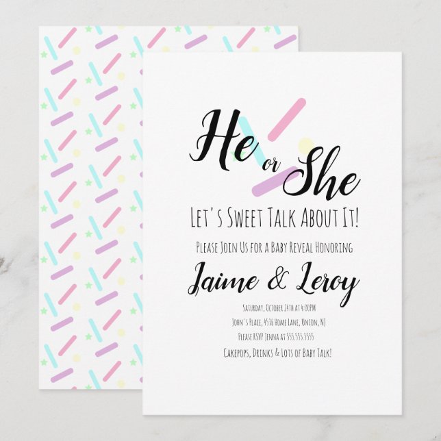Pastel Sprinkles Gender visar att han eller hon Inbjudningar (Fram/baksida)