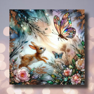 Pastel Stached Glass Bunny Chases Butterfly Påsk Julkort