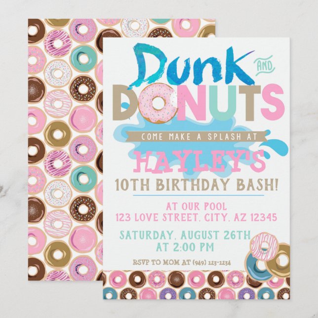 Pastel Stänk Bassäng Dunk n Donut Party Birthday Inbjudningar (Fram/baksida)