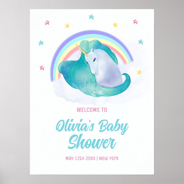 Pastel Stars Unicorn Rainbow Baby Shower Välkommen Poster (Framsidan)