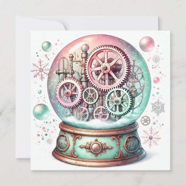 Pastel Steampunk Julgoport Snö Julkort (Framsida)