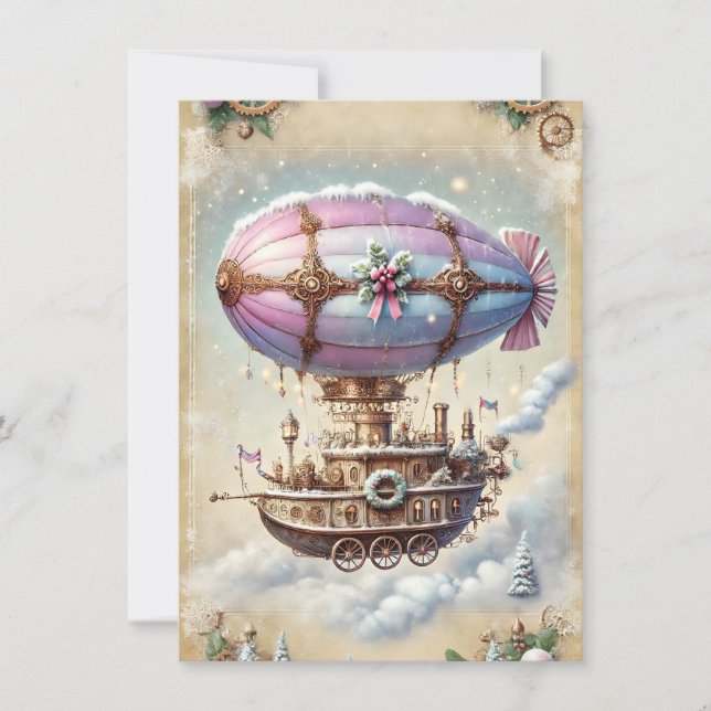 Pastel Steampunk Julkort Antique Airship Kort (Framsida)