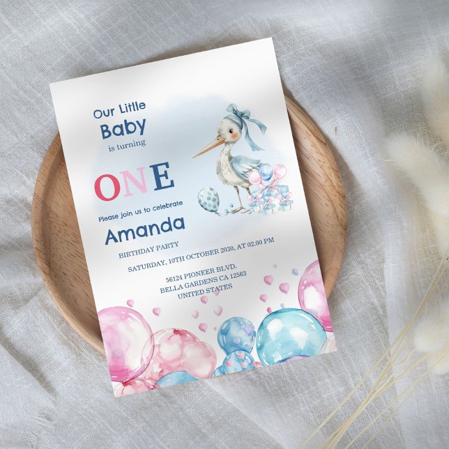 Pastel Stork & Ballok 1:a födelsedagen Inbjudningar (Skapare uppladdad)
