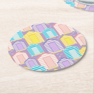 Pastel Stripe Beach Hut Patternal Coastal Underlägg Papper Rund