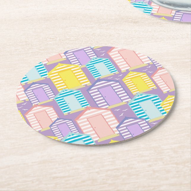 Pastel Stripe Beach Hut Patternal Coastal Underlägg Papper Rund (Vinklad)