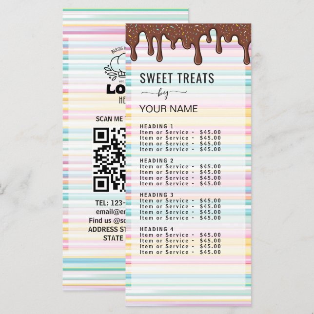 Pastel Stripes Bakery logotyp Prislista Meny (Fram/baksida)