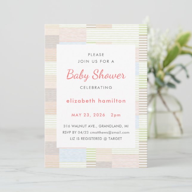 Pastel Stripes Patchwork Baby Shower Invitation Inbjudningar (Stående Fram)