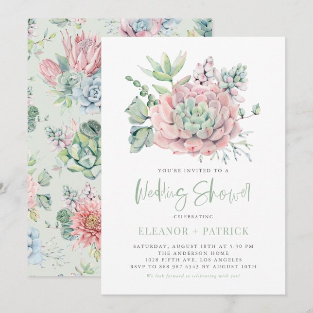Pastel Succulents, vattenfärg, sommarMöhippa Inbjudningar (Fram/baksida)