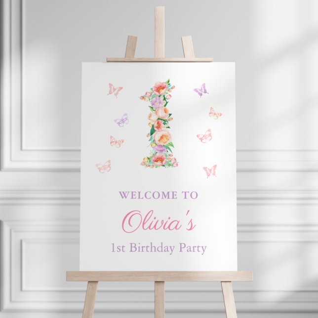 Pastel Summer Garden 1:a födelsedag Party Välkomme Poster (Pastel floral garden theme butterflies 1st birthday party welcome sign)