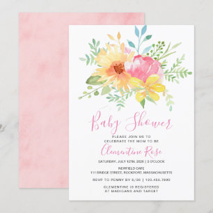 Pastel Summer Rosa Gult Blommigt Baby Shower Inbjudningar
