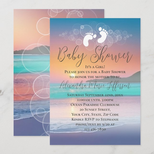 Pastel Sunset Beach Ocean Baby Shower Inbjudningar (Fram/baksida)