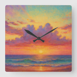 Pastel Sunset Beach - Painterly Style Seascape  Fyrkantig Klocka