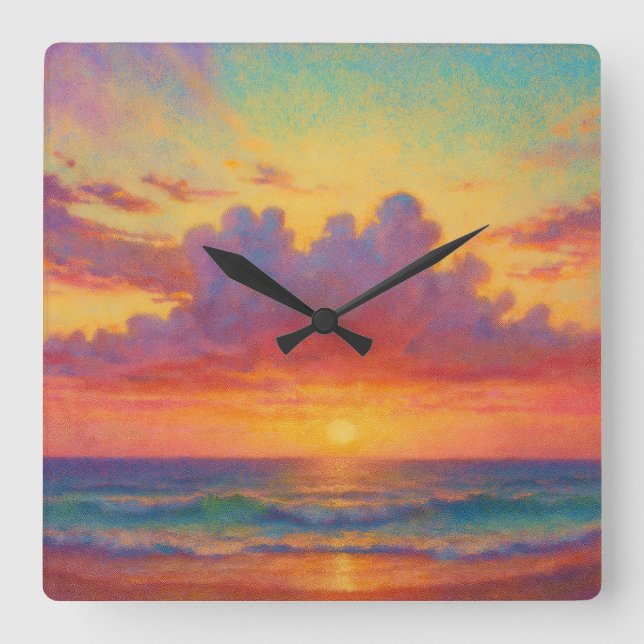 Pastel Sunset Beach - Painterly Style Seascape  Fyrkantig Klocka (Framsida)