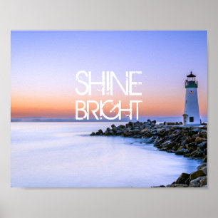 Pastel Sunset Rocky Beach Shine Bright Lighthouse Poster