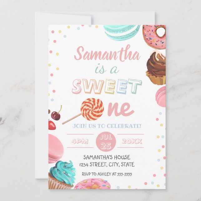 Pastel Sweet Candy Lolipop Cupkaka Donut Birthday Inbjudningar (Framsida)