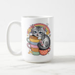 Pastel Tassar & Rainbow Sips Kaffemugg<br><div class="desc">Bärk charmen för " Mugg Pastel Tassar & Rainbow Sips", en härlig design med en adabel grått-kitten som sitter i en stapel av färglöst muggar, som alla är riktade mot en mjuk pastellregnbåge. Denna visuella illustration fångar kärnan i kawaiikulturen och kombinerar betesfärgade toner med lekfull inslag som leende stjärnor och...</div>