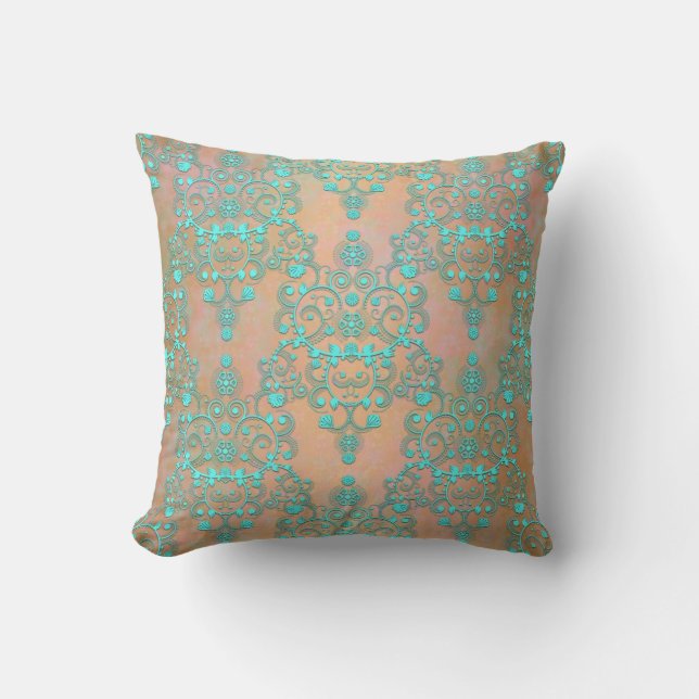 Pastel Teal over Peachy Guld Finare Damask Kudde (Framsida)