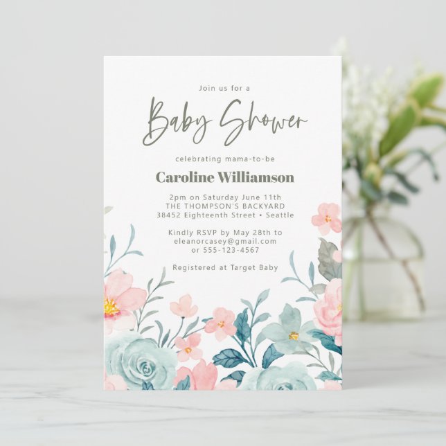 Pastel Teal Rosa Blommigt Cute Script Baby Shower Inbjudningar (Stående Fram)