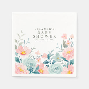 Pastel Teal Rosa Watercolor Blommigt Baby Shower Pappersservett