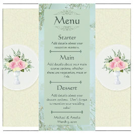 Pastel Teal White Flowers Bröllop Menu Meny