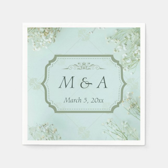 Pastel Teal White Flowers Bröllop Pappersservett (Framsidan)