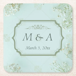 Pastel Teal White Flowers Bröllop Underlägg Papper Kvadrat