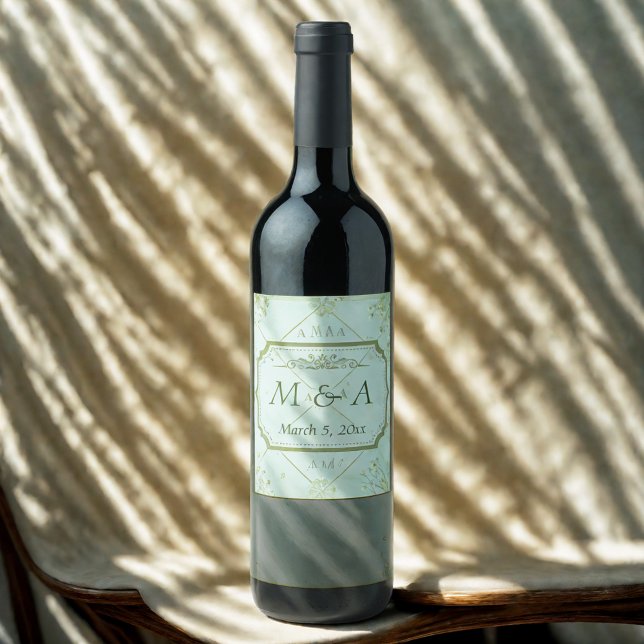 Pastel Teal White Flowers Bröllop Vinflaska Etikett (Skapare uppladdad)