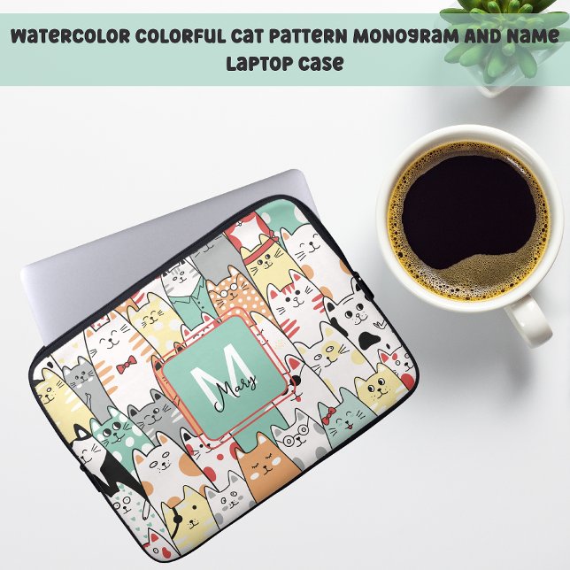 Pastel Tecknad Cute Cats Namn Monogram Laptop Fodral (Skapare uppladdad)