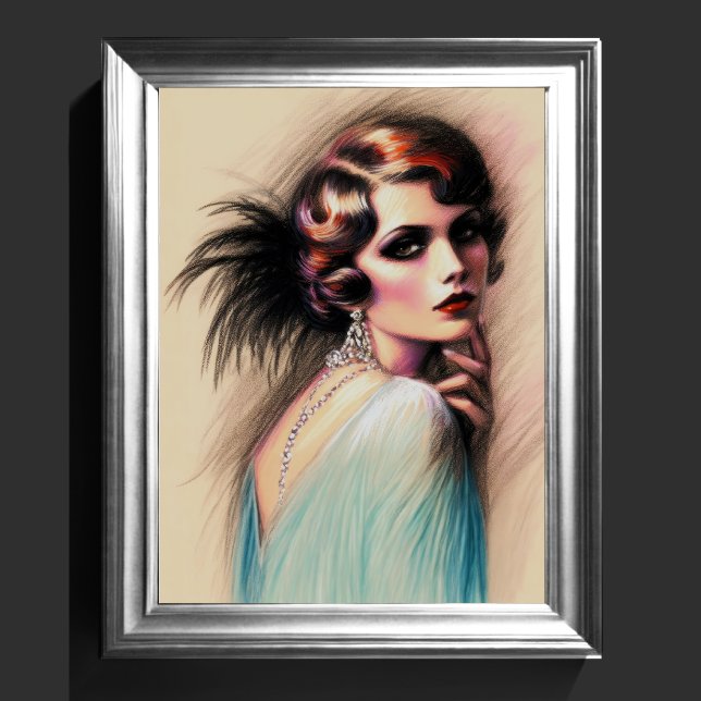 Pastel Teckning 1920's Flapper Girl Blue Poster (Skapare uppladdad)