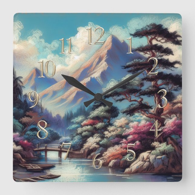 Pastel Teckning Ancient Asian Ligcape Mountain Fyrkantig Klocka (Framsida)