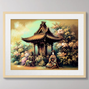 Pastel Teckning Ancient Pagoda Blommar Bush Poster