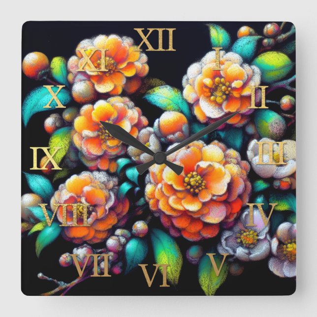 Pastel Teckning Asian Orange Flower Blommar Gren Fyrkantig Klocka (Framsida)