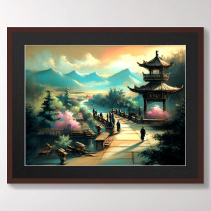 Pastel Teckning Asian Pagoda och Bridge Poster